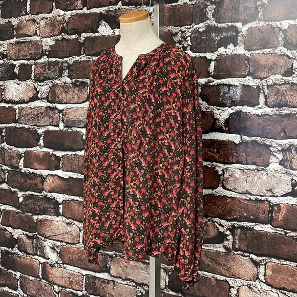 Something Navy Blouse Button Up Shirt Long Sleeve Red Pink Floral Size Large - Picture 5 of 14